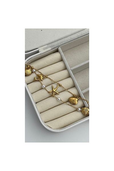 ParlaTakıAksesuar Gold Color Double Anklet Steel Oyster Star Charm