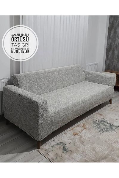 probak 3 Seater Plain Jacquard Stone Gray Sofa Cover |   Elastic Seat Cover |   Sofa Bed Cover |   Seat Cover