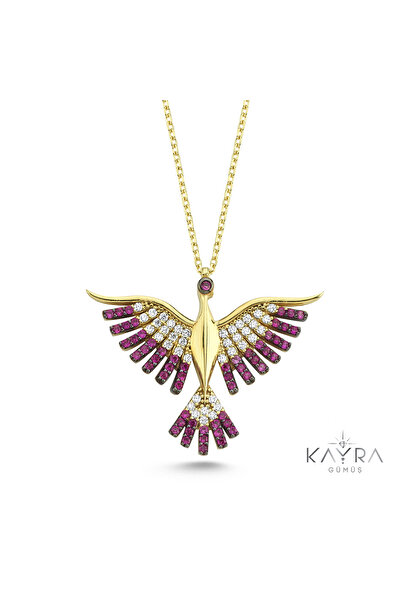 Kayra Mücevher Fuşya Taşlı Anka Kuşu Altın Kaplama Kolye GM95