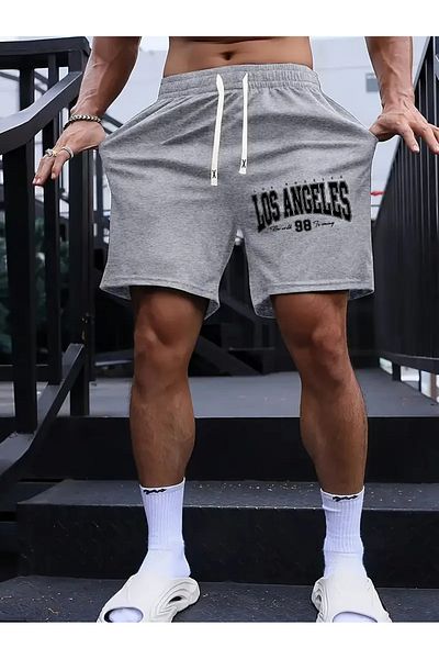 Minikelya Men's "Los Angeles" Printed Comfortable Sports Shorts 2 Pcs Black/Gray