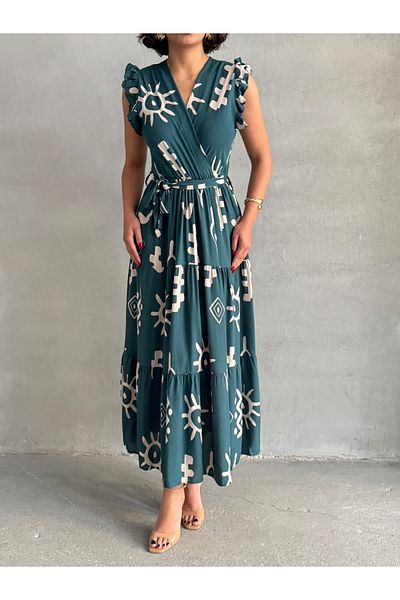 BEJNA Grünes, gewebtes Damenkleid mit Fliegenärmeln und zweireihigem Ausschnitt
