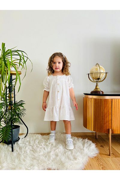 penu baby kids Ecru Buttoned Scallop Short Sleeve Girl's Baby Girl Dress