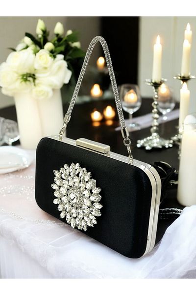 Wedding Fashion Culoare Neagră Satin Piatră Mâner Femei Rochie De Seară Geantă Nunta Logodna Absolventa