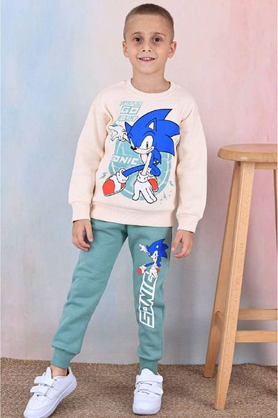 yagmurgiyim Σετ αθλητικές φόρμες Sonic Patterned Green Boy - 100% βαμβάκι, 3 κλωστές, 3-10 ετών 7370-Y