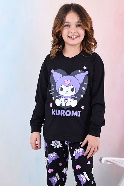 yagmurgiyim Černá sada dívčích pyžama se vzorem Kuromi – 100% bavlna, 3–13 let, 41203-41402-s