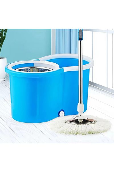 Generica Easy-to-spin wheeled mop and bucket with 360-degree rotating stainless steel bucket for cleaning home floors, blue