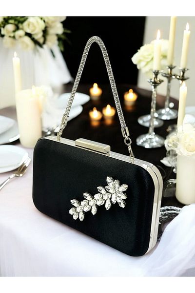 Wedding Fashion Culoare Neagră Satin Piatră Mâner Femei Rochie De Seară Geantă Nunta Logodna Absolventa