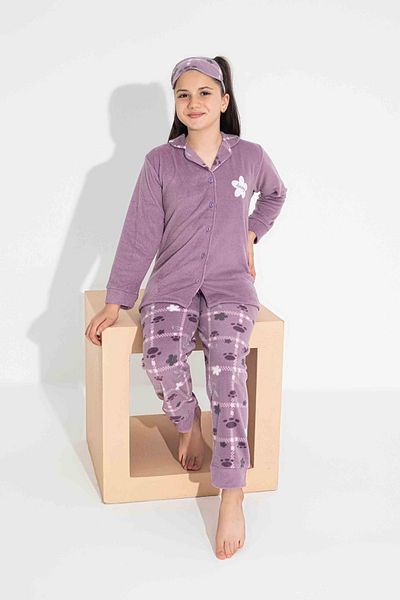 yagmurgiyim Lilac Fleece Pajamas Set for Girls - Front Button, 4-15 Years, Tarp 2700-2701-2702-L