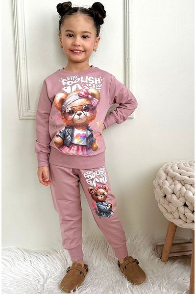 yagmurgiyim Pjk2i Dusty Rose Fancy Teddy Bear Σετ φόρμας για κορίτσια με σχέδιο 100% βαμβάκι 3-10 ετών 7407-gk
