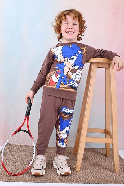 yagmurgiyim Σετ αθλητικών φόρμας Sonic Patterned Pjk2i Boy - 3-10 ετών, 100% βαμβάκι, καφέ, 7429-k