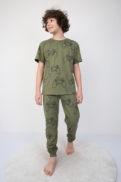 Yağmur Giyim Men's Short Sleeve Pajamas Set Isob Khaki Pattern 100% Cotton 3-8 Years