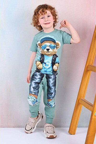 Yağmur Giyim PJKKE Ayıcık Desenli Yeşil Eşofmanlı Erkek Çocuk Kısa Kol Takım ...