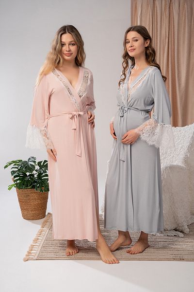 CT MODA Women's Powder Special Design Lace Belted Summer Cotton Dressing Gown