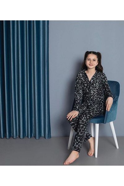 yagmurgiyim Set de pijamale cu mânecă lungă cu imprimeu leopard negru pentru fetiță, 7-14 ani