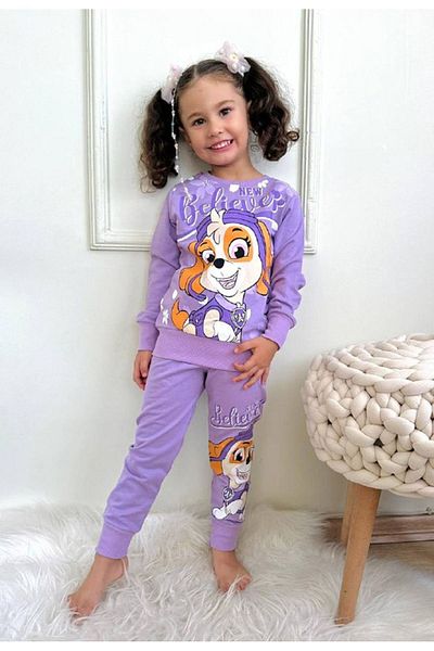 yagmurgiyim Pjk2İ Lilac Petrol Print Tracksuit Set for Girls - 100% Cotton, 3-10 Years, 7284-L