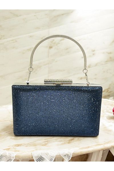 MidStore Culoare bleumarin, complet în două rețete, piatră, mâner metalic, geantă de rochie de seară pentru femei, nuntă, logodnă, absolvire