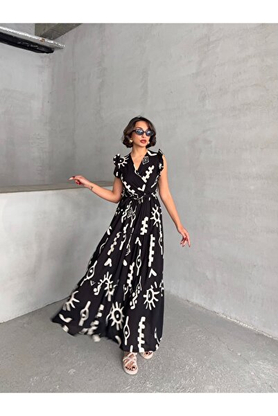 BEJNA Dámské černé tkané šaty s volánovým rukávem a dvouřadým límečkem