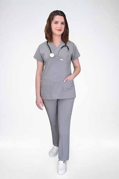 Nur Medikal Giyim Unisex Gri Soft Lycra - Set de scrubs pentru asistentă și medic cu mâneci liliac