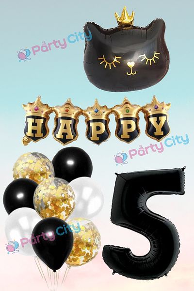Party City Σετ μπαλονιών με θέμα την κορώνα μαύρη γάτα 5 ετών - Γιορτή γενεθλίων