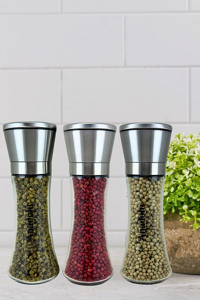 ANADOLU HASAT Green-Red-White 3-Piece Set: Pepper Glass Mill Grinder with Metal Head