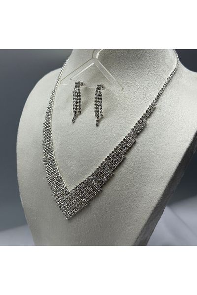 HADRA ACCESSORİES Gradual Waterway Set Zircon Evening Dress Necklace Earring Set Bridal Jewelry Set Engagement Set Party Invitation Set