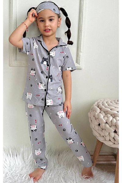 Yağmur Giyim Catwoman Patterned Girl's Pajamas Set 4-12 Years Gray Short Sleeve Front Buttoned 540K