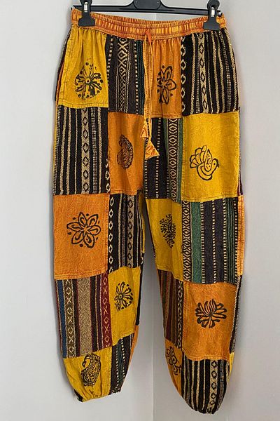 AYASOFYA OTANTIK Unisex Nepalese Yellow Ethnic Authentic Pattern Loose Casual Bohemian Trousers with Elastic Waist and Pockets
