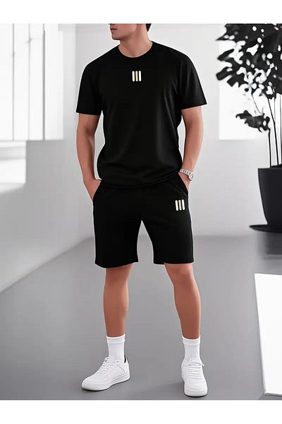 Minikelya Men's Casual 3-Line Printed 2-Piece Suit Black/Black Thshirts Shorts