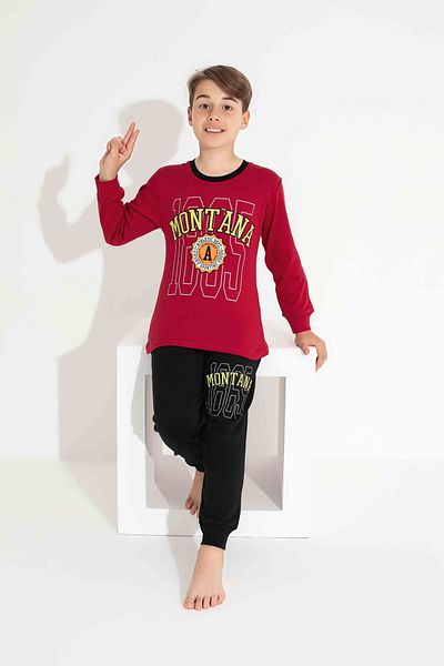 yagmurgiyim Set pijamale pentru băieți TARP Burgundy MONTANA Printed Interlock 11-15 ani 7310-B