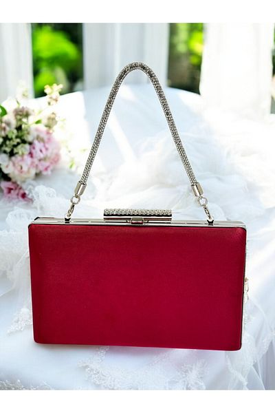 Wedding Fashion Geantă de seară pentru femei cu mânere din săpun cu piatră cristalină, satin, la culoarea bordó, pentru ocazii speciale, nuntă, logodnă, absolvire.