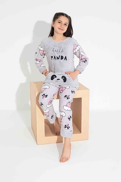 yagmurgiyim Tarp Gray Panda Embroidered Fleece Pajamas for Girls 4-15 Years 2706-2707-2708-g