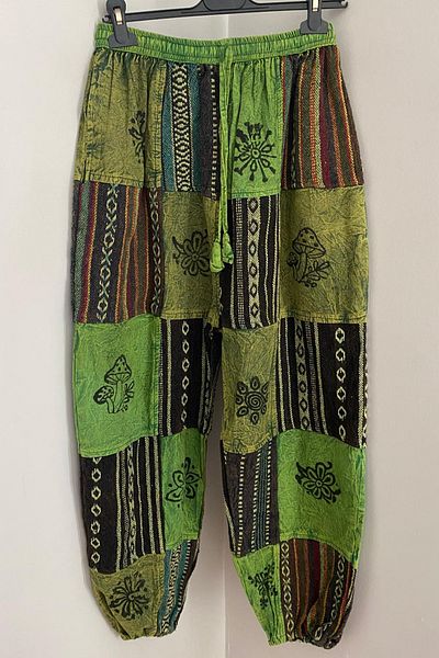 AYASOFYA OTANTIK Unisex Nepalese Green Ethnic Authentic Pattern Loose Casual Bohemian Trousers with Elastic Waist and Pockets