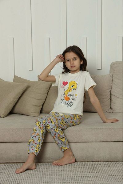 Yağmur Giyim Girl's Pajama Set Ecru Tweety Printed Short Sleeves 11-15 Years 8049
