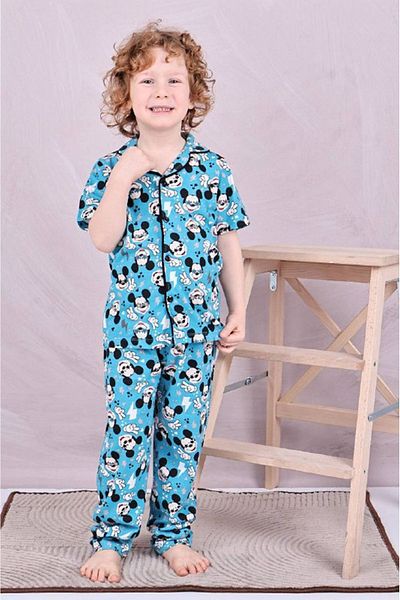 Yağmur Giyim Mickey Patterned Blue Short Sleeve Children's Pajamas Set for Ages 4-12