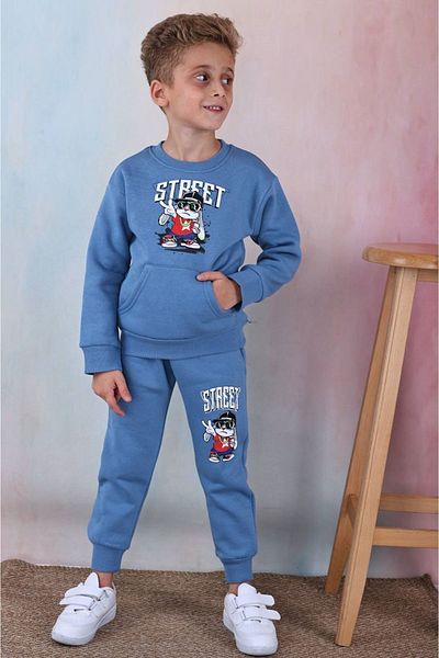 yagmurgiyim PJK3İ Street Patterned Blue Kangaroo Pocket 3 Thread Raised 100% Cotton Σετ αθλητικής φόρμας για αγόρια 3-10 ετών