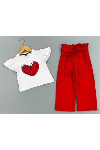 Yağmur Giyim Heart Patterned Cropled Fabric Pants Girls' Suit Red 3-10 Years 7050-K