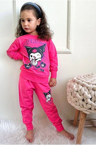yagmurgiyim Kuromi Patterned Fuchsia Tracksuit Set for Girls - 100% Cotton, 3...