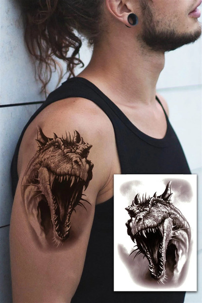 Miyoste Gerçek Görünümlü Ejderha Başı Kol Bacak Vücut İçin 3 Boyutlu Tattoo G...