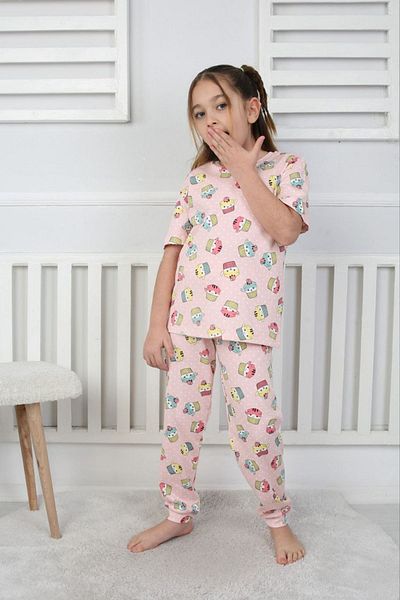 Yağmur Giyim İsob Pink Cup Cake Patterned 100% Cotton Girl's Short Sleeve Pajama Set 3-8 Years 41207-P