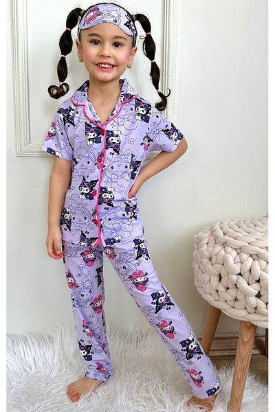 Yağmur Giyim Pjkö Kuromi and Friends Pattern Lilac Short-Sleeved Front-Buttoned Pajamas Set for Girls 4-12 Years Old 5
