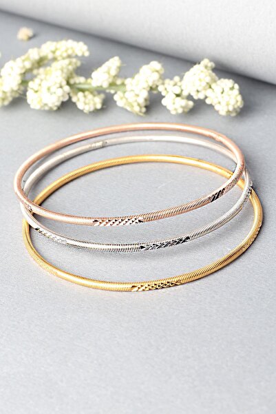 BY BARUN SİLVER Ajda Bilezik Kibrit Çöpü Halka 925 Ayar Gümüş 3 'lü Desenli Bilezik