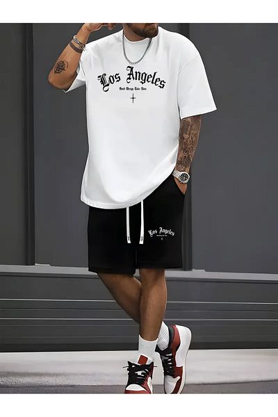 Minikelya Los Angeles Printed T-Shirt and Shorts 2-Piece Comfortable Set, Summer, Knitted Fabric