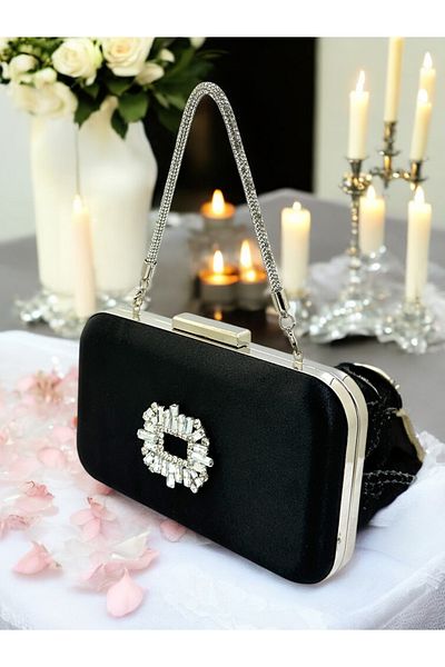 Wedding Fashion Culoare Neagră Satin Piatră Mâner Femei Rochie De Seară Geantă Nunta Logodna Absolventa
