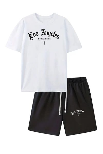 Minikelya Los Angeles Printed T-Shirt and Shorts 2-Piece Comfortable Set, Summer, Knitted Fabric