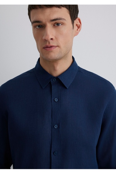 Mavi %100 keten slim fit erkek gömlek