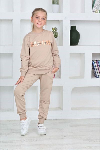 yagmurgiyim Σετ φόρμας για κορίτσια με σχέδιο Ploom Beige - 100% βαμβάκι, 5-14 ετών 7268-B