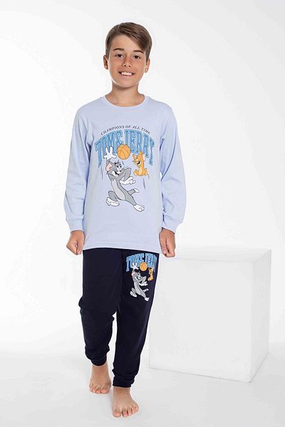 yagmurgiyim Set pijamale interlock albastru cu imprimeu Tom&Jerry pentru baieti - 6-11 ani 3744-M