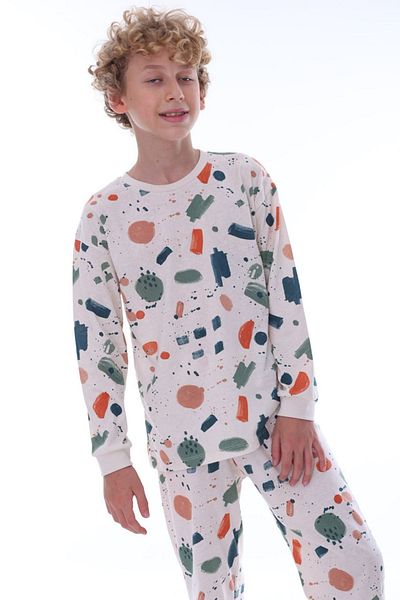 yagmurgiyim Isob Ecru Dot Splash Patterned 100% Cotton Boys' Pajamas Set 8-13 Years 36206-E