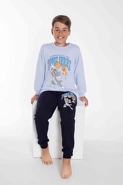 yagmurgiyim Set pijamale interlock albastru cu imprimeu Tom&Jerry pentru baieti - 6-11 ani 3744-M