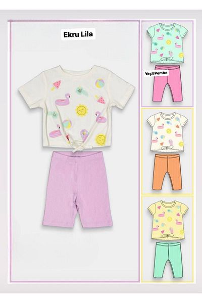 Yağmur Giyim Tuffy Sun Patterned Watermelon Ecru-Lilac Girl's Set - Short Leggings 2-5 Years 24028